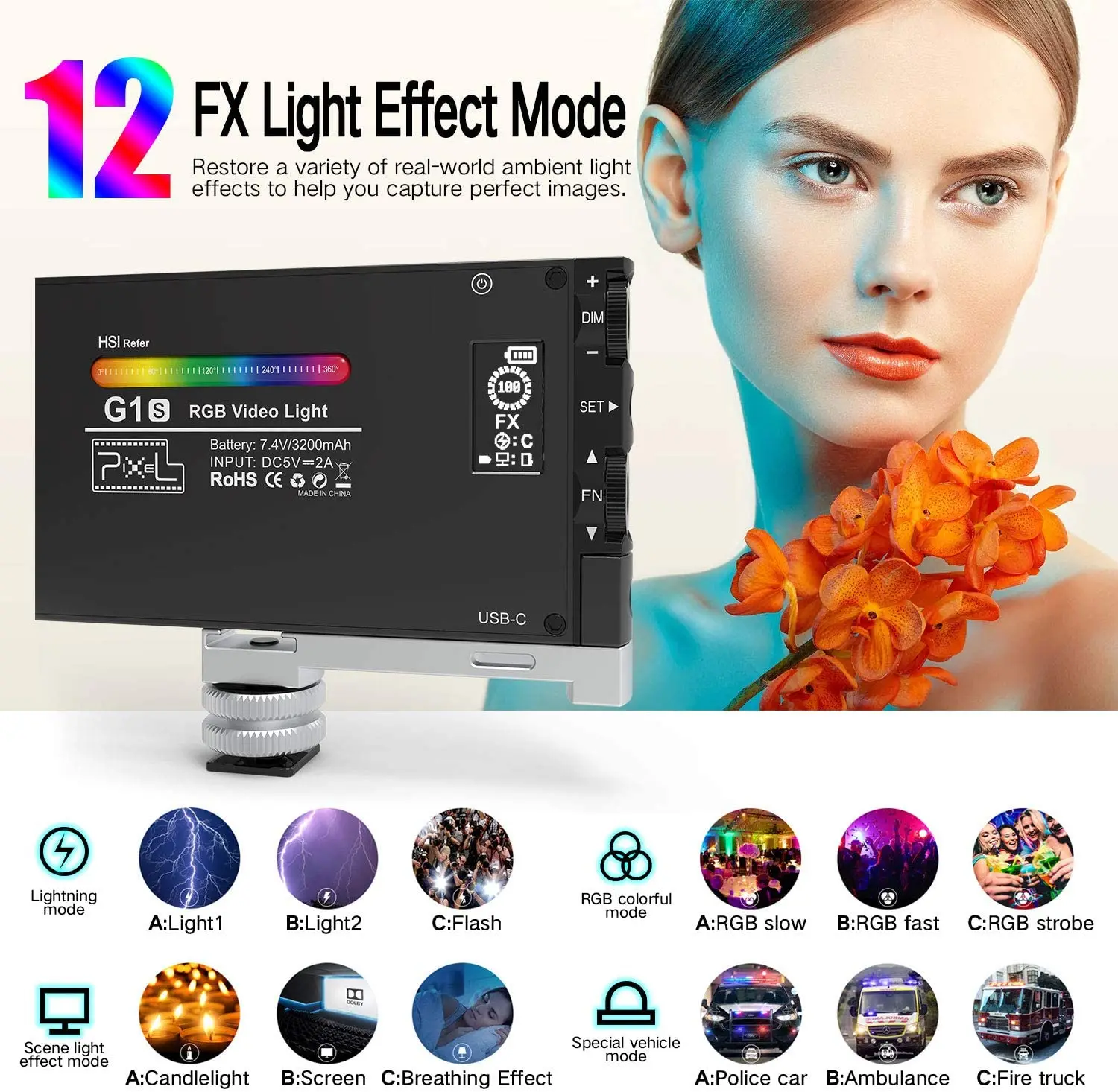 مصباح فيديو G1s RGB مطور، مصباح كاميرا Led مدمج قابل لإعادة الشحن، 360 درجة °   ألوان كاملة قابلة للتعتيم 2500K-8500K لـ YouTube D