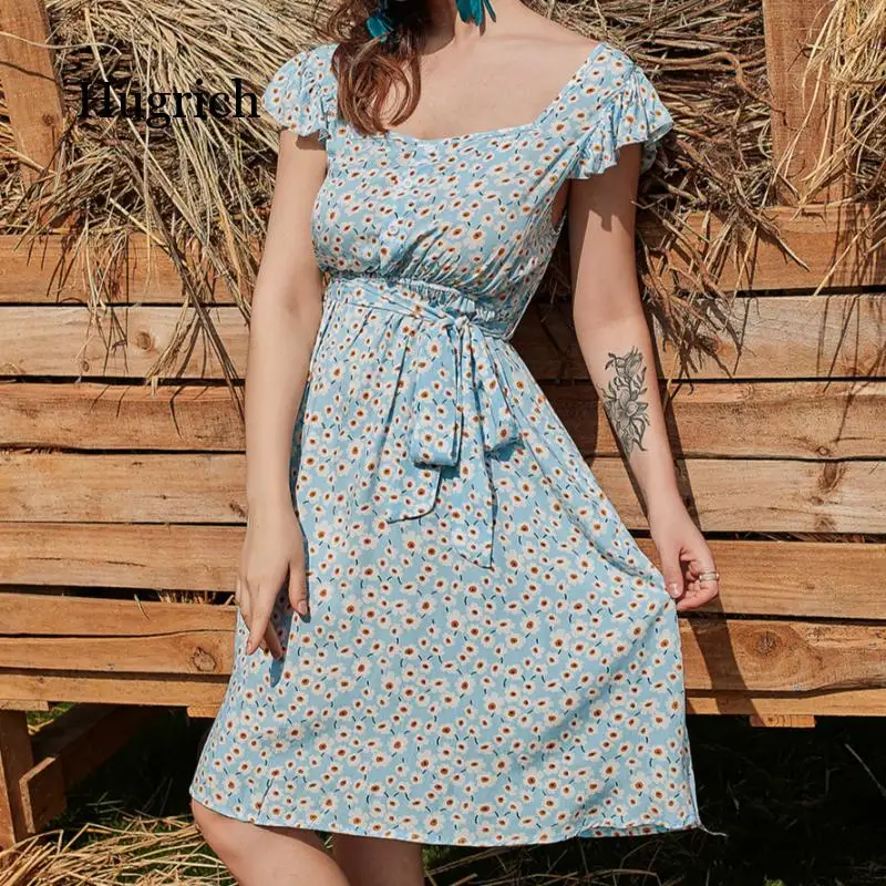 2021 New Spring and Summer Elegant Floral Print Women's French Square Collar Mid Length Dress