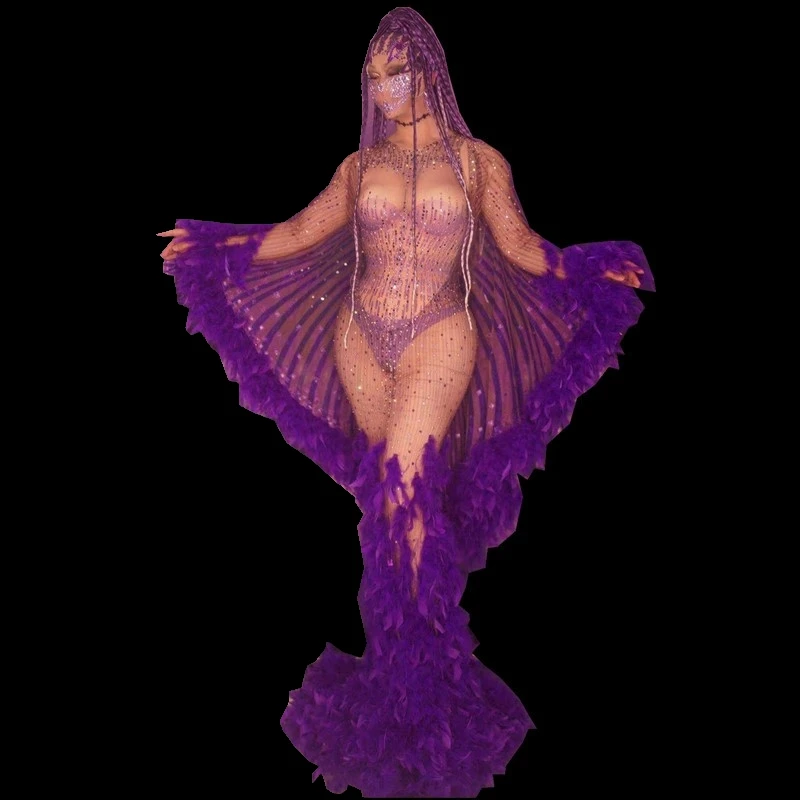 

Фиолетовое прозрачное длинное платье стразы с перьями, женское платье для празднования дня рождения и выпусквечерние вечера, сексуальное женское платье для представлений