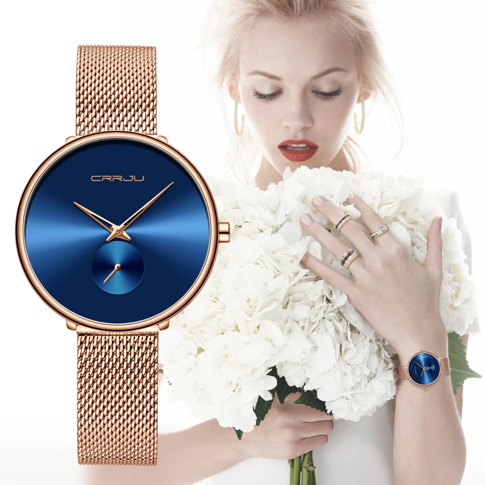 CRRJU – montre de luxe pour femmes, décontractée, Simple, tenue quotidienne, en maille, minimaliste, étanche, horloge à Quartz