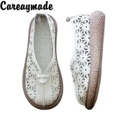 Careaymade-Literature and Art Retro Hollow out Round Head Thick Bottom Shoes,Cotton and Hemp Comfortable Casual Shoes