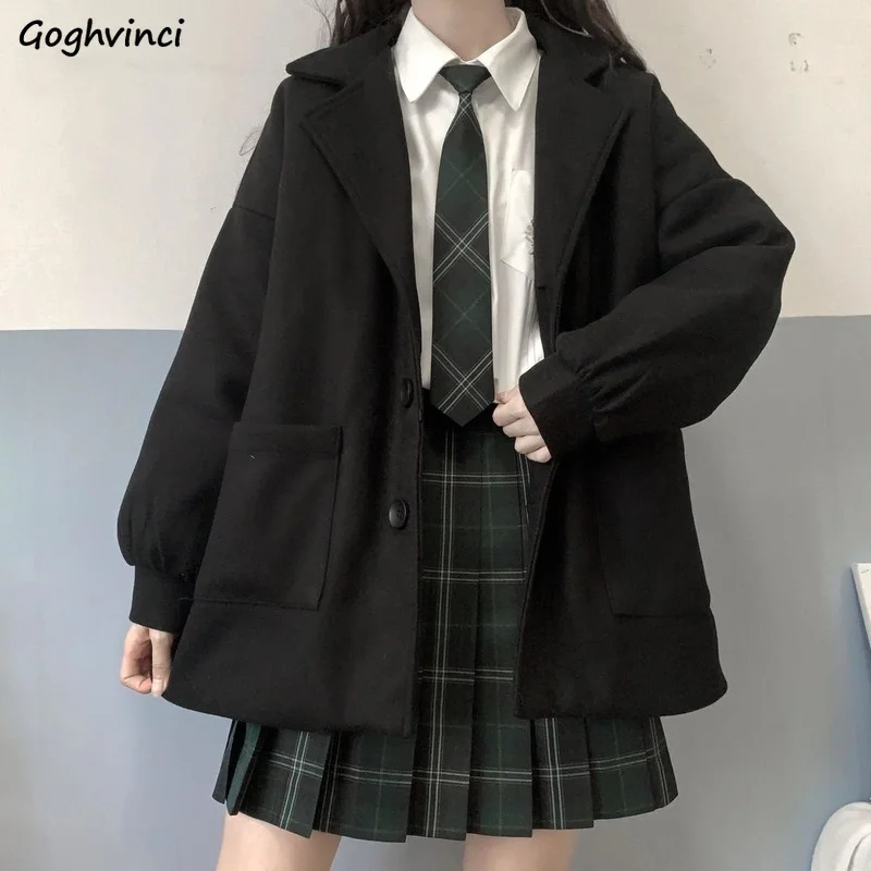 Blends Women Harajuku Preppy Style Lovely Solid Long Sleeve Outwear Loose Student All-match Fashion Pockets JK School Classy Ins