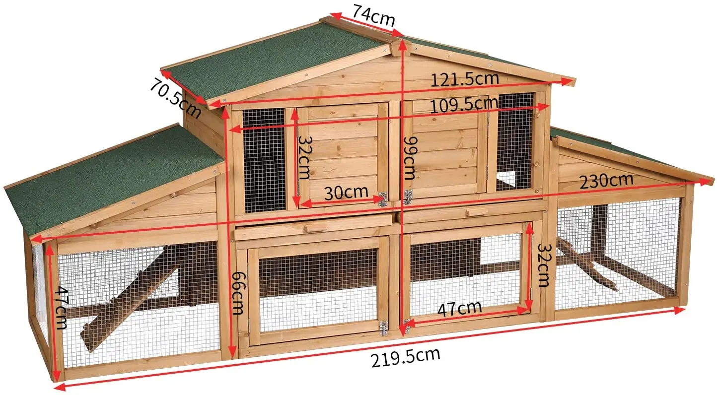 Rabbit Hutch 2 Tier Wood Large Chicken Coop Cage Small Animal Guinea Pigs Pet House Enclosure 230x74x99cm Waterproof 4 Doors