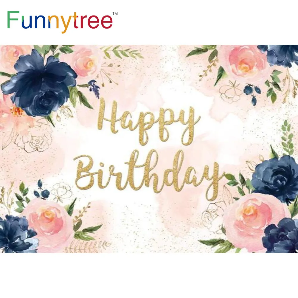 

Funnytree Gold Pink Blue Flowers Happy Birthday Party Backdrop Leaves Baby Shower Decoration Dots Painting Photozone Background