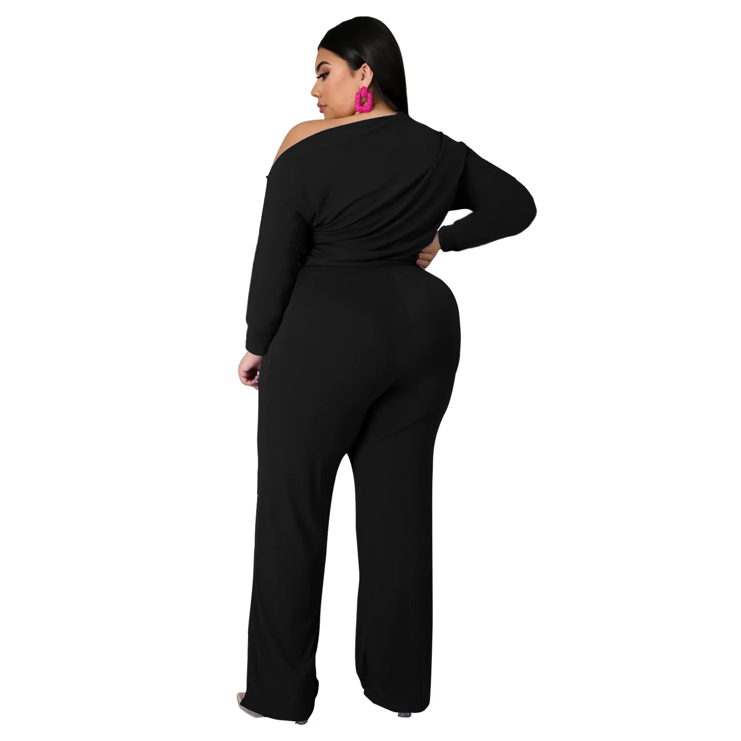 Women\'s Clothing Plus Size Sets Fall Solid Color Oblique Shoulder Wide Leg Flared Pant 2021 Two-Piece Suit Urban Fashion Casual