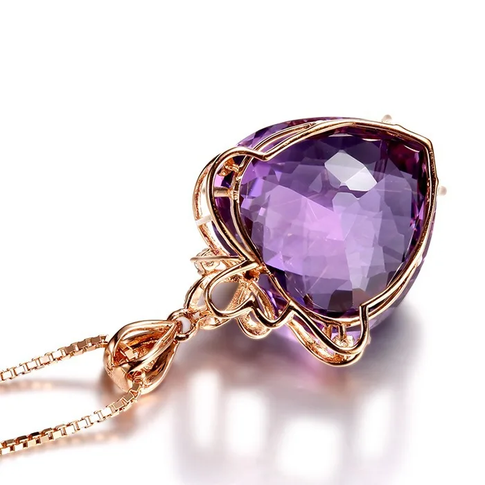 Heart Shape 18K Rose Gold Pendant Amethyst Stone Silver Color Party Wedding Pendant necalace for women Statement Jewelry