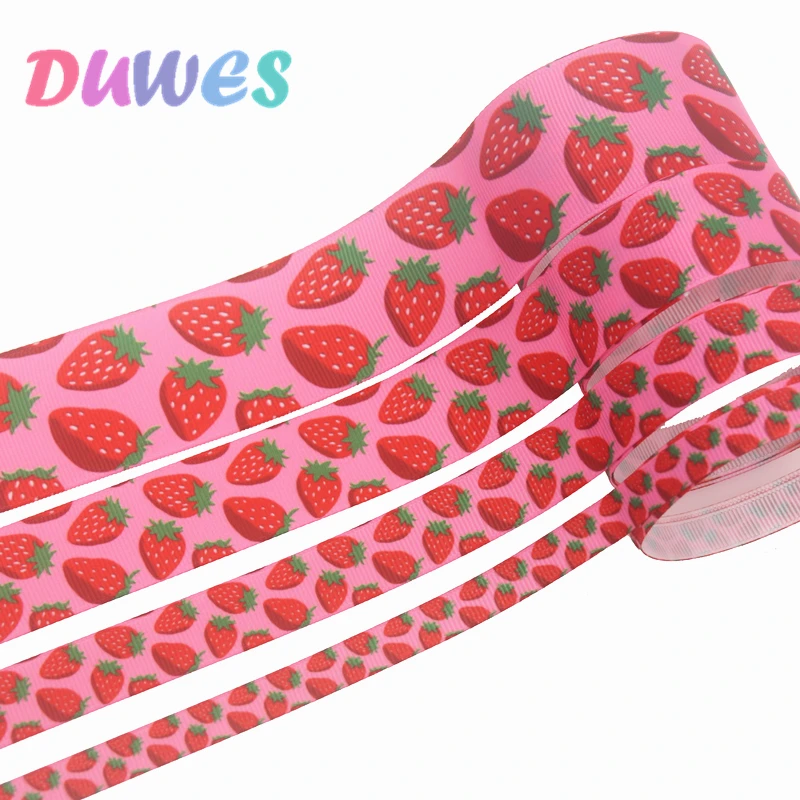 DUWES 4 sizes options 50yards strawberry Printed Grosgrain Ribbon Accessory Hairbow Headwear Decoration DIY Wholesale D1341