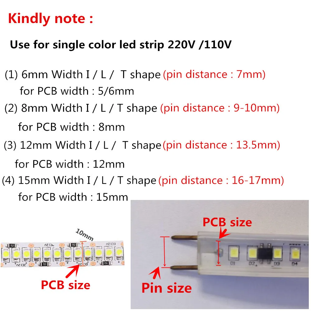 Conector de esquina en forma de T y L de 2 pines, enchufe medio con aguja de cobre para tira LED de 110V y 220V, 5050, 3014, 2835, color único