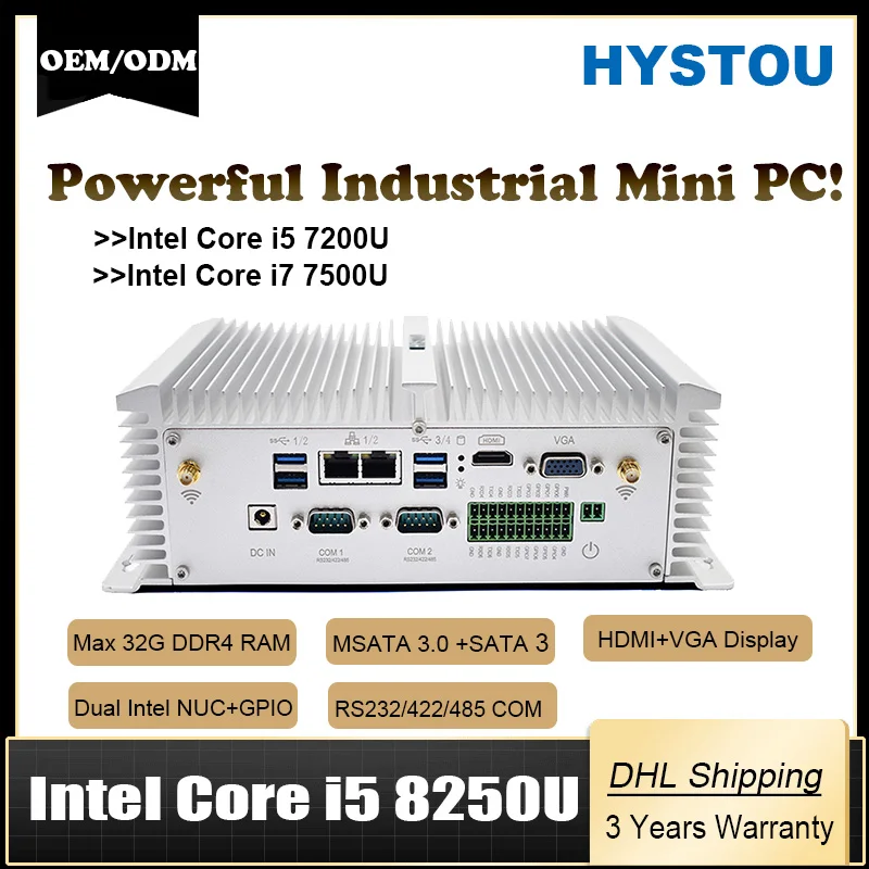 

Intel Core i7 Fanless Computer 7500U RS232/485 COM industrial mini pc i5 8250U 7200U Dual Lan HDMI VGA 4G SIM Quad Core Desktop