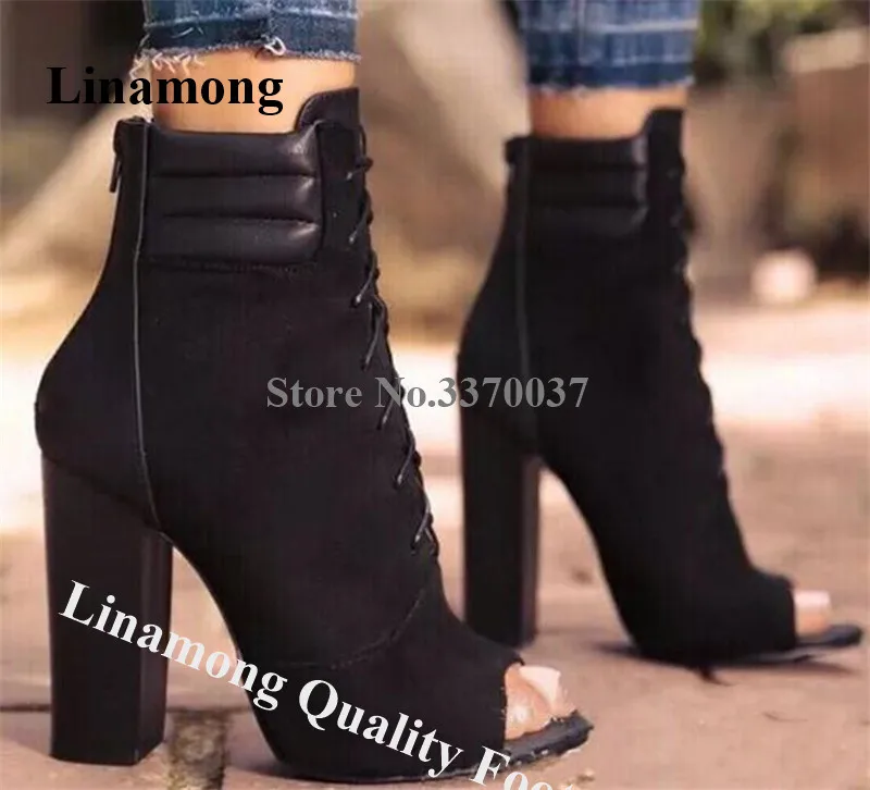 

Linamong Women Fashion Peep Toe Suede Leather Chunky Heel Short Boots Lace-up Black Thick High Heel Ankle Booties Western Boots