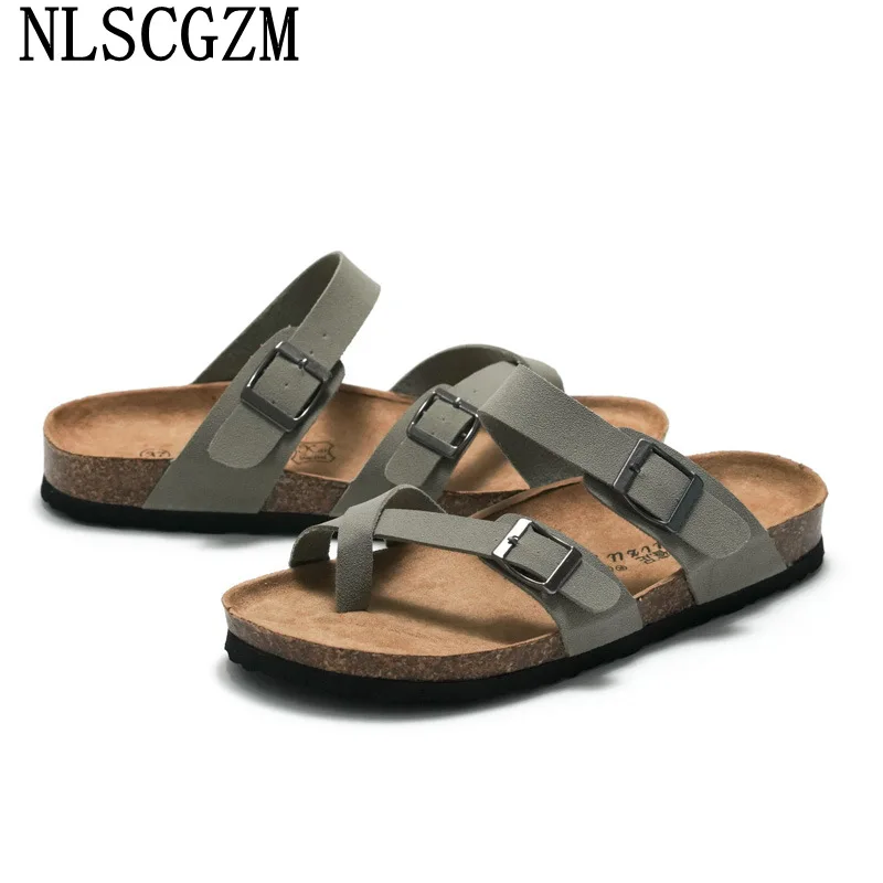 Unisex Leather Slippers for Men 2024 Double Monk Strap Massage Slippers Man Footwear Slippers for Men Casual Summer Shoes Men