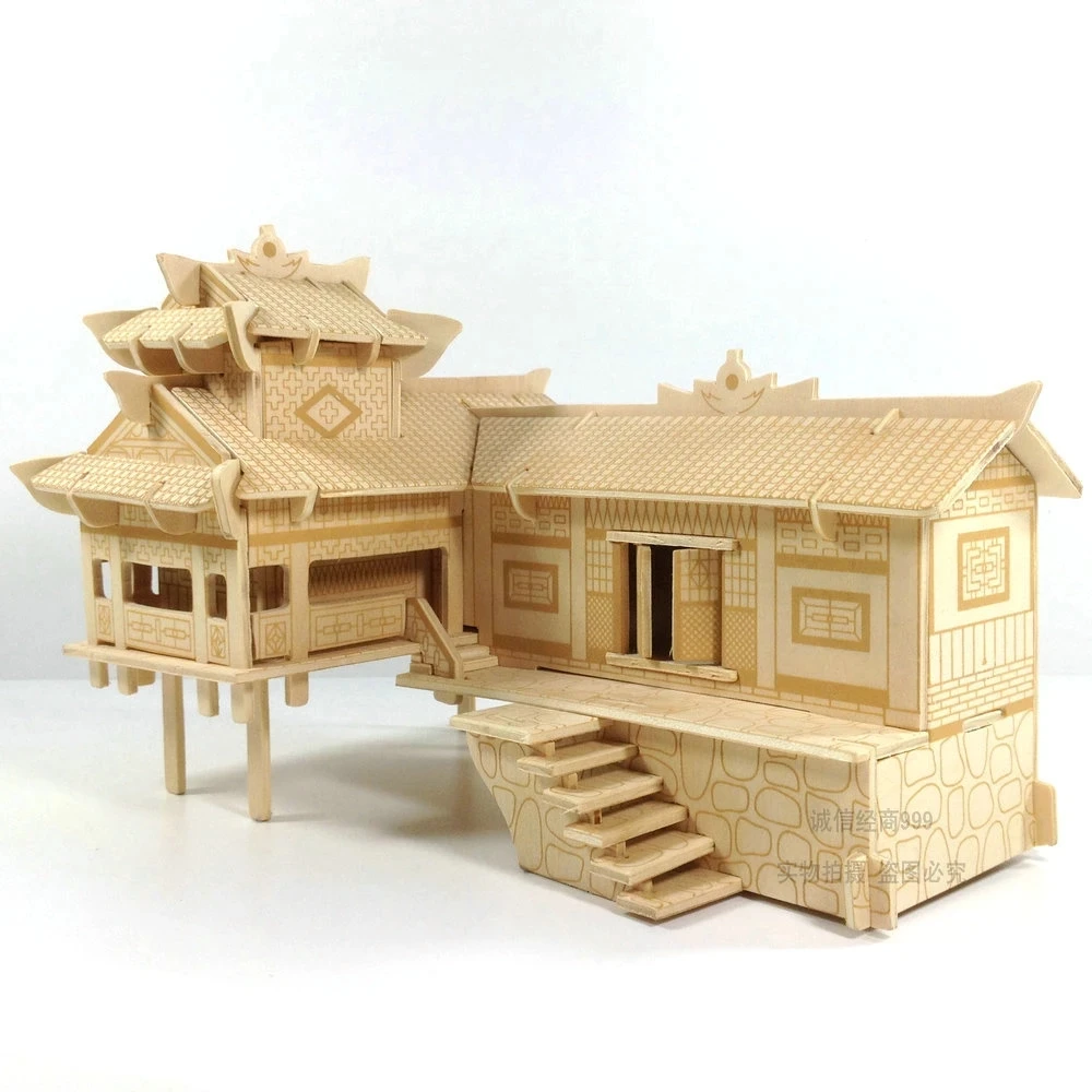 wooden 3D building model toy gift puzzle hand work assemble game Chinese woodcraft construction kit xiangxi house on stilts 1pc