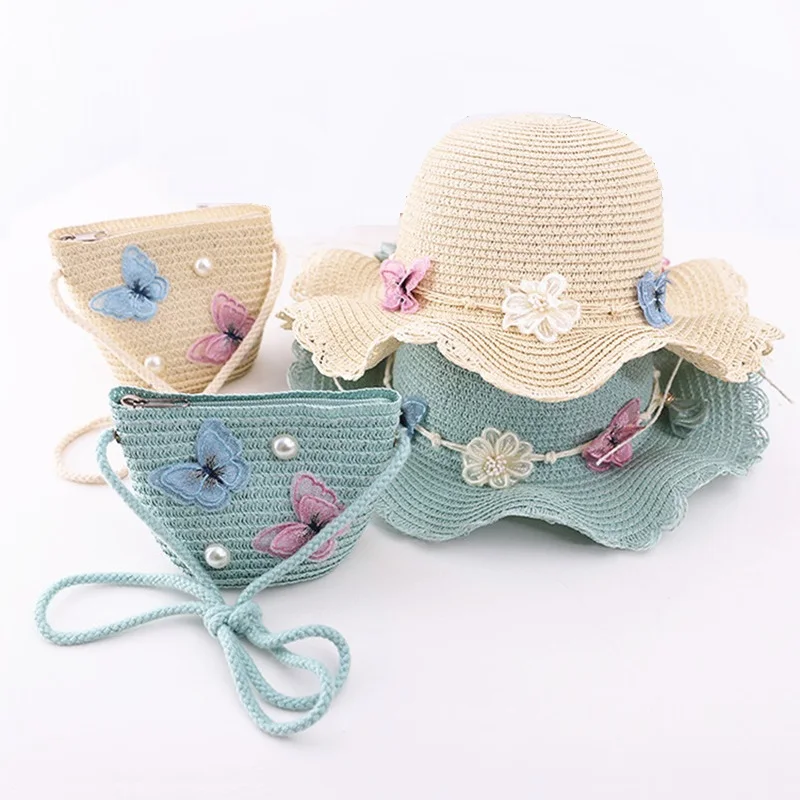 Summer child casual butterfly straw hat handbags Sets Kid girls Outdoor holiday panama cap straw bags Sun hat