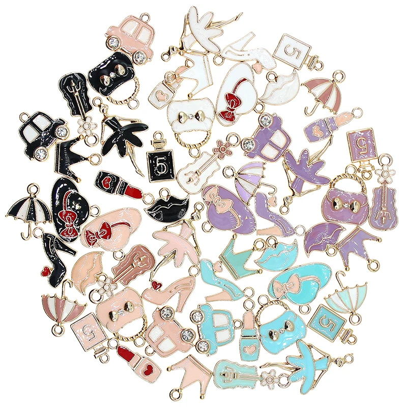 10pcs/lot Enamel Charms Fashion Lipstick Bags High Heels Perfume Pendants For Women's DIY Jewelry Making Accessories