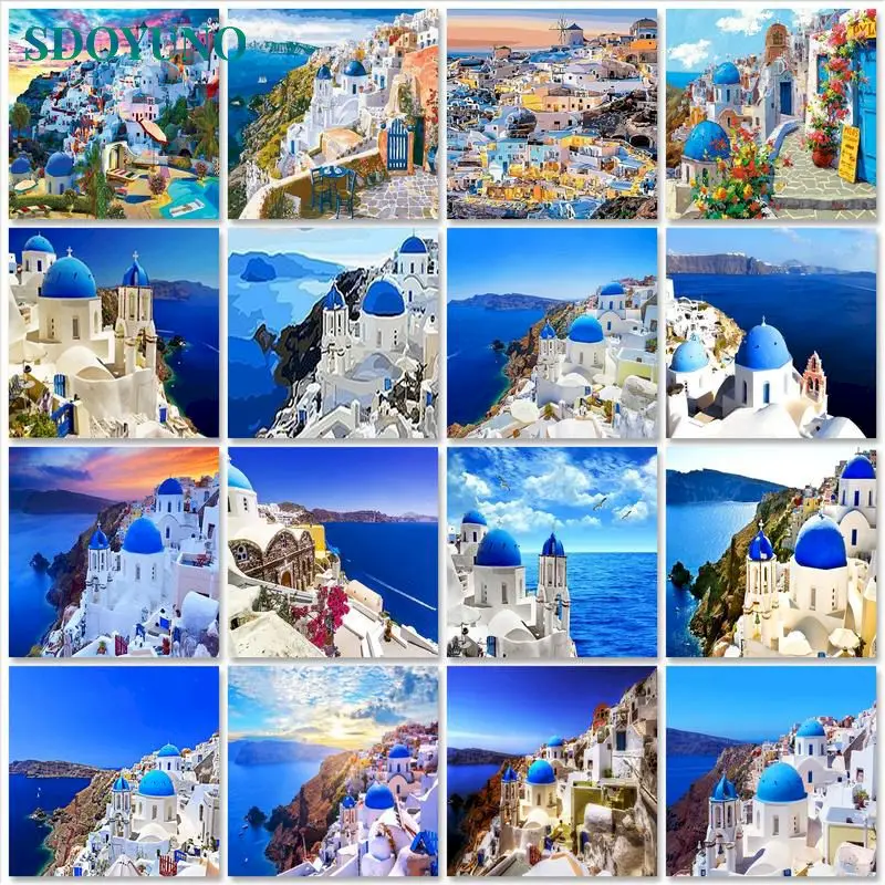 SDOYUNO Oil Painting By Numbers Santorini Scenery 60x75cm DIY Paint By Numbers On Canvas Landcape Watercolor Home Decor