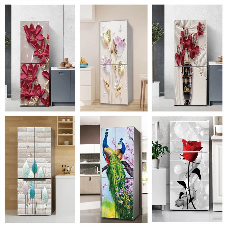 3D Flowers Fridge Stickers Door Cover Refrigerator Wallpaper Palm Self-adhesive Freezer Scenery Vinyl Film Decor Decal Art Mural