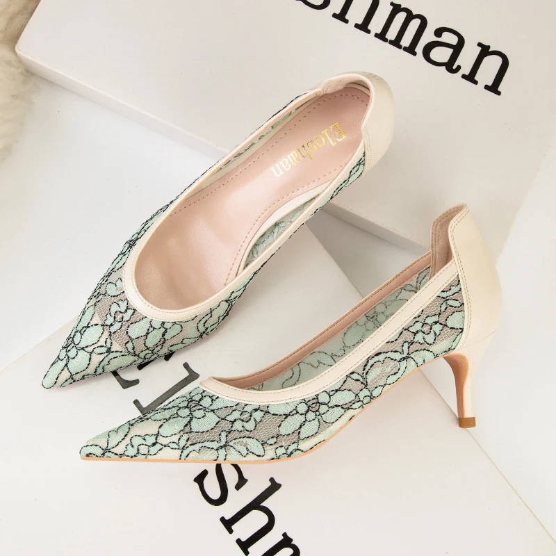 Sexy Party High Heel Shallow Pointed Side Hollow Water Drill Lace Women's Single Shoes Wedding Shoes Large Size Female Shoes