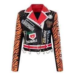 Autumn Fashion Tiger Embroidery Leather Jacket Women Hip Hop Letter Graffiti Motor Clothe With Metal Ring