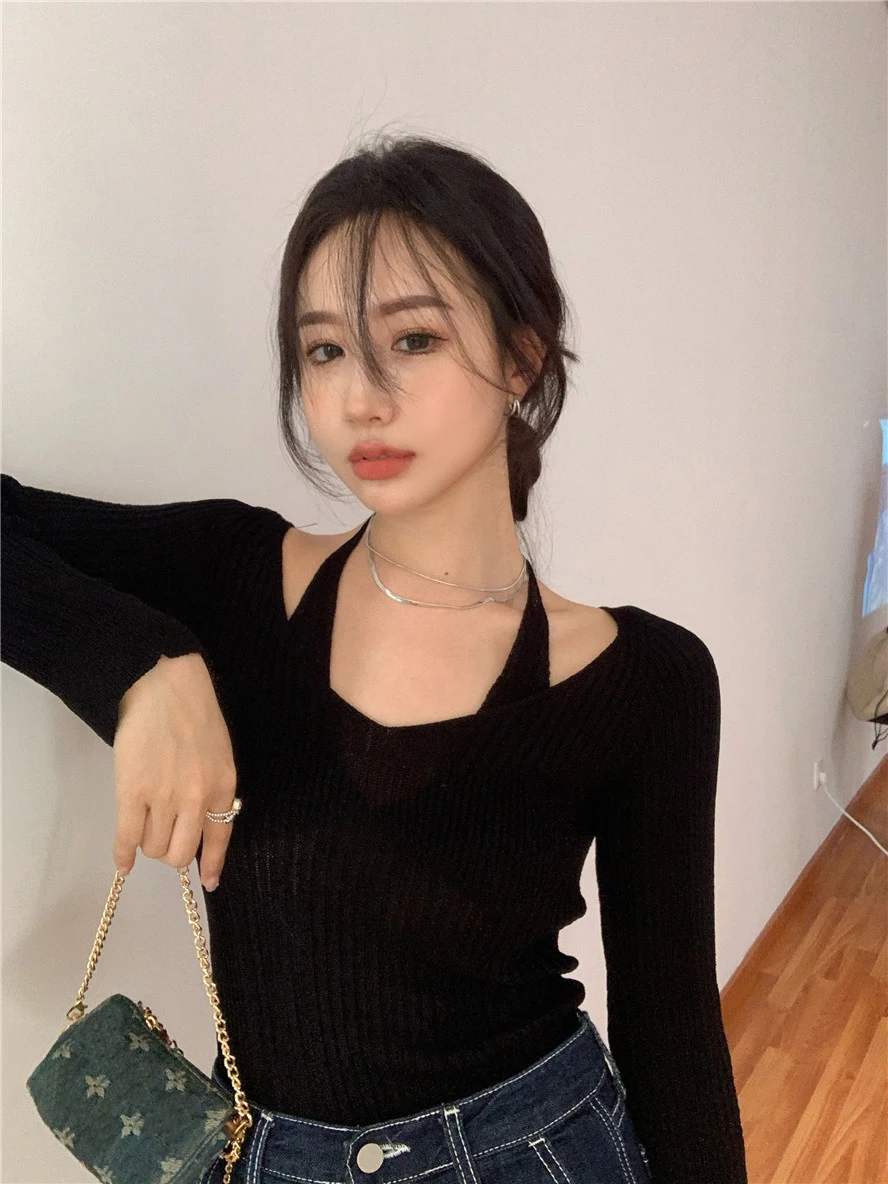 Karrram Fake Two-piece T-shirt Long Sleeve Halter Black Tops Knit  Slim Sweater Tops Women Autumn  Spring Sexy Female Tee Tops