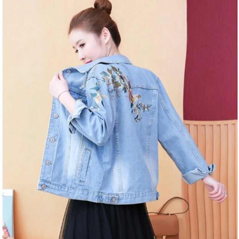 Denim Jacket Korean Floral Embroidery Suede Fringe Loose Chaquetas Mujer Coat Long Sleeve Outerwear Jacket Women Veste Femme