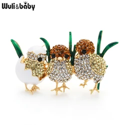 Wuli&baby 3 Full Sparkling Rhinestone Chick Brooch Pins Enamel Green Grass Cute Little Bird Brooches For Women And Child Gift