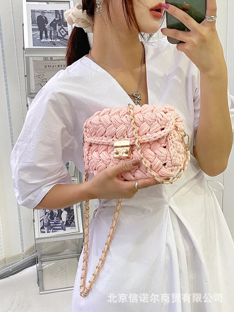 Women\'s 2021 Bag Cloth Crochet Woven Bag Hand Made Woven Chain Lock Women\'s Crossbody Single Ladies\' Shoulder Bag New