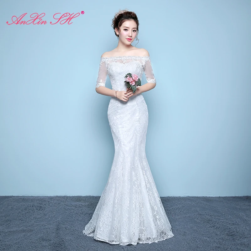 AnXin SH princess flower lace mermaid white vintage boat neck illusion turkey half sleeve trumpet customized wedding dress