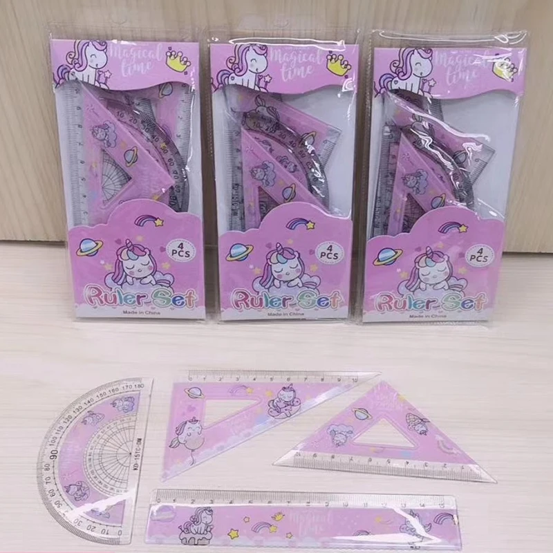 4 pcs/set Cute unicorn animal Straight Ruler Protractor Students Math Geometry Plastic Triangle Rulers Set kids Stationery gift