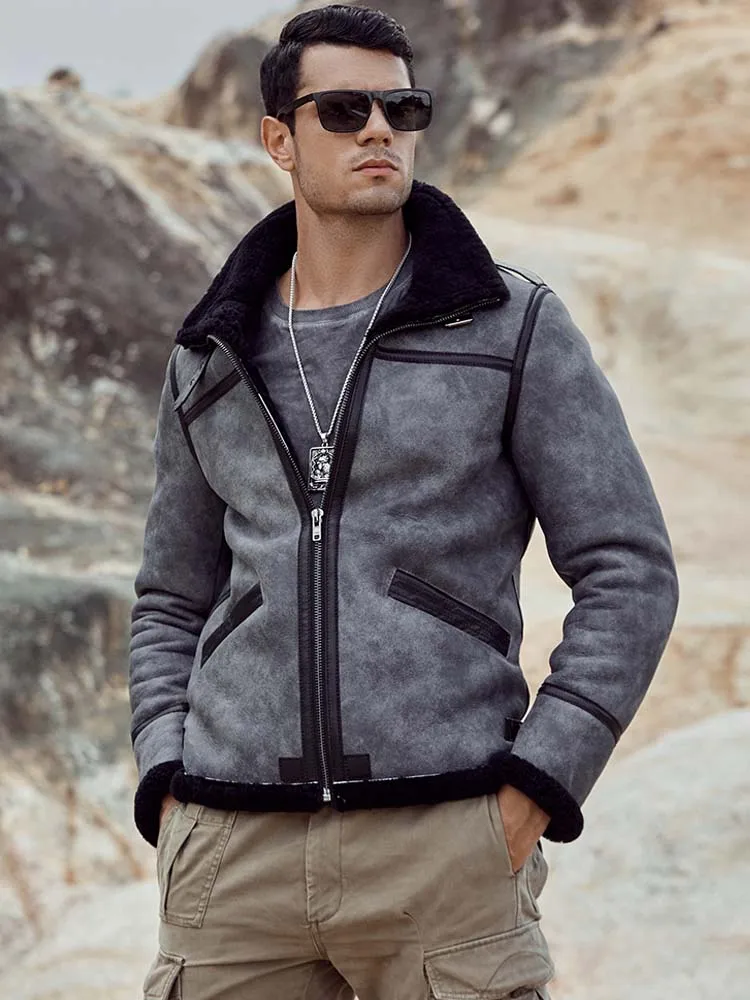 New Mens B1 Shearling Jacket Short Fur Overcoat Grey Leather Coat Fashion Motorcycle Outwear