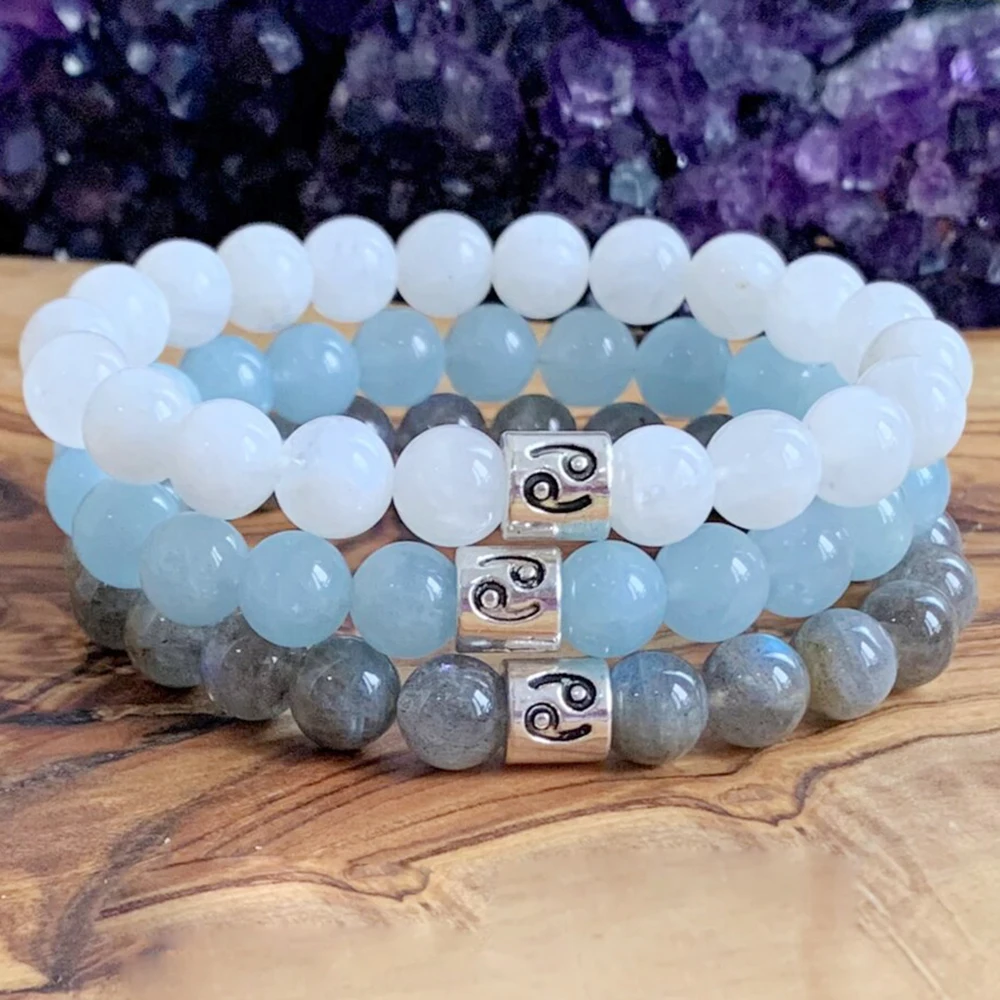 MG1307 Vintage Design Cancer Zodiac Stack Bracelet Set Women`s Moonstone Yoga Mala Bracelet Labradorit Wrist Mala Bracelet