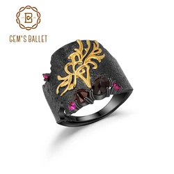 GEM'S BALLET Natural Black Garnet Gemstones Band Ring 925 Sterling Silver Handmade Equinox Flower Rings Womanโs Art Jewelry