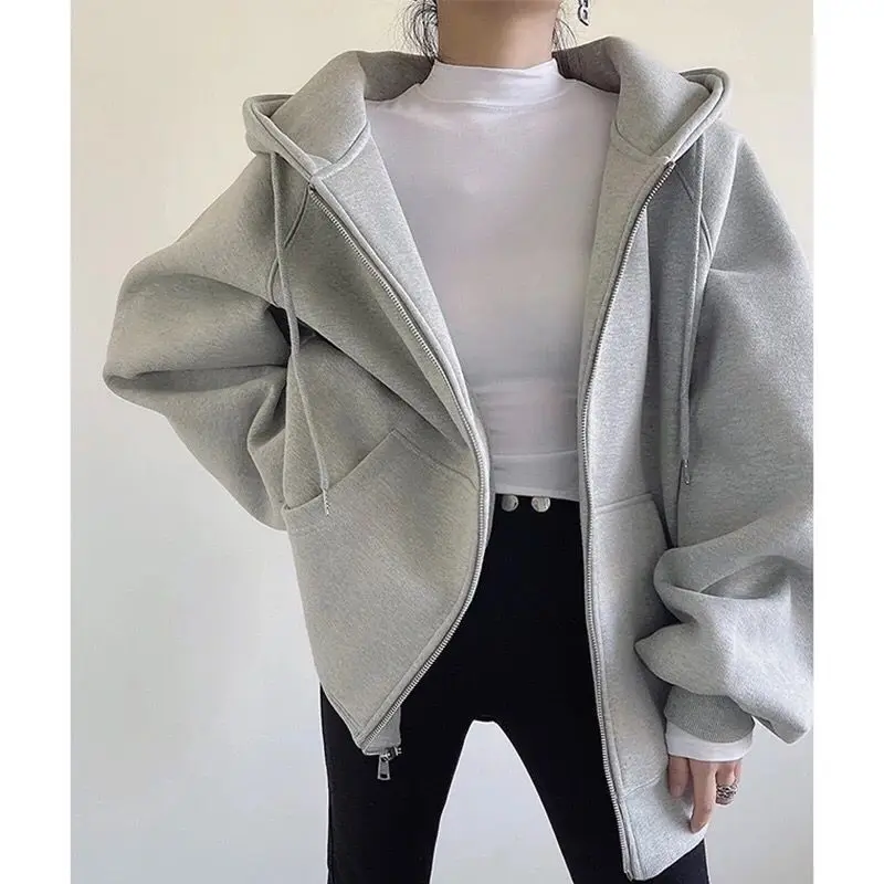 Women Casual Oversized Sweatshirt Female Streetwear Draw String Solid Color Jackets Hooded Pocket Loose Zipper Harajuku Hoodies