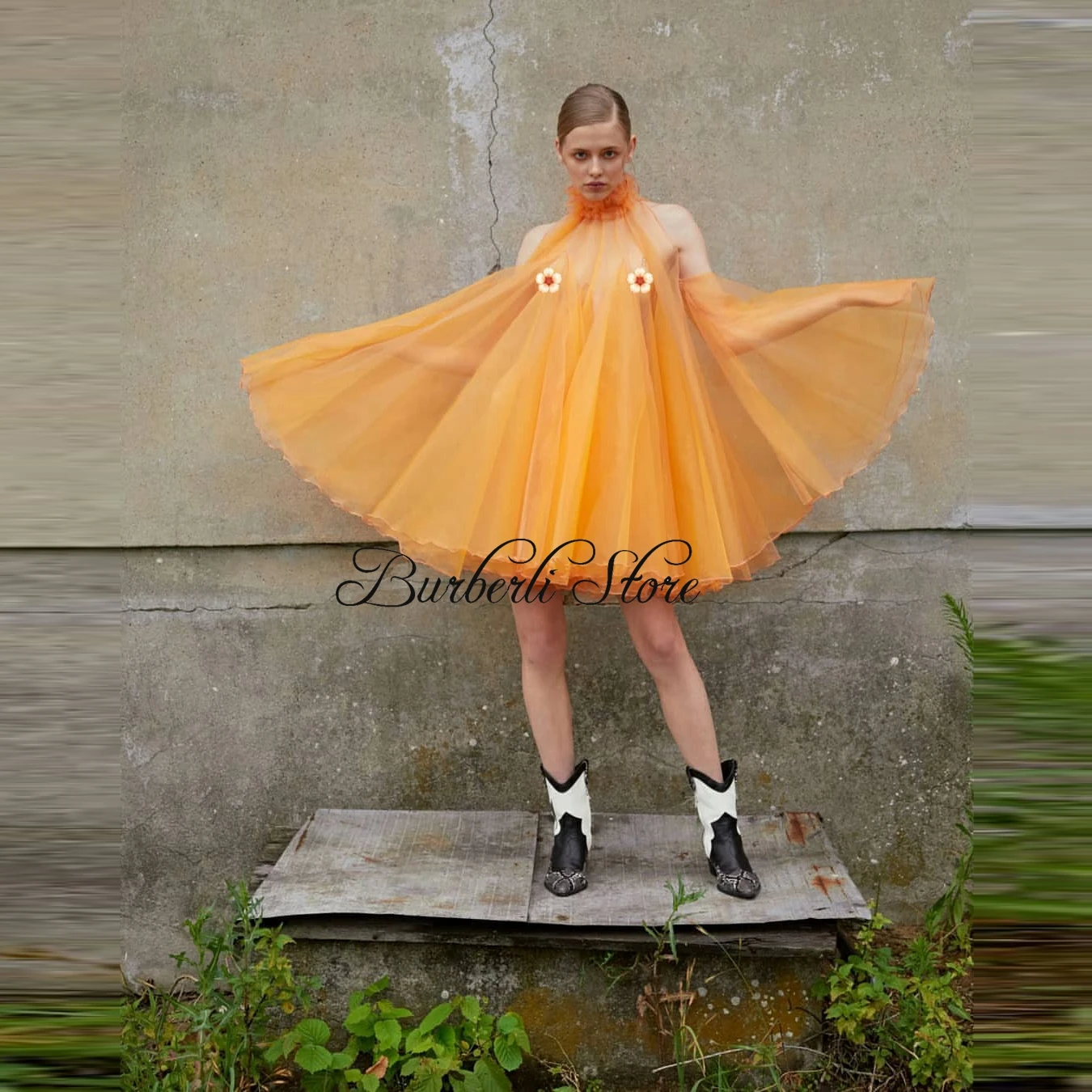 

Sexy See Thru Orange Tulle A Line Women Summer Dress High Neck Ruffles Draped Short School Party Gowns Trendy Girls Dressing