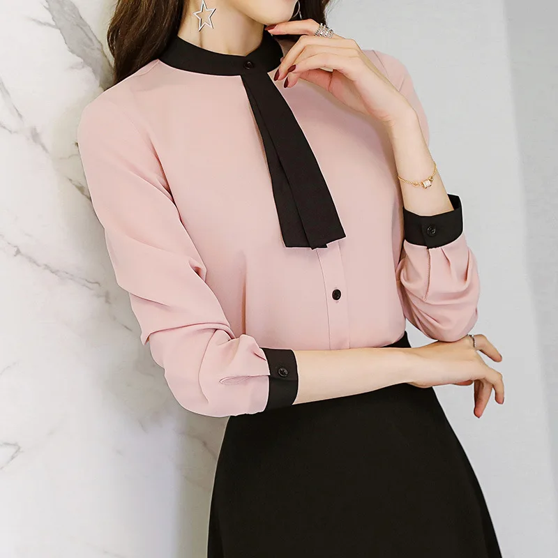 Leisure Work Shirts Spring Autumn Women Blouse Long Sleeve Patchwork Tie Neck Slim Chiffon Blouses Office Ladies Tops