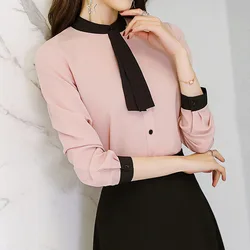 Leisure Work Shirts Spring Autumn Women Blouse Long Sleeve Patchwork Tie Neck Slim Chiffon Blouses Office Ladies Tops