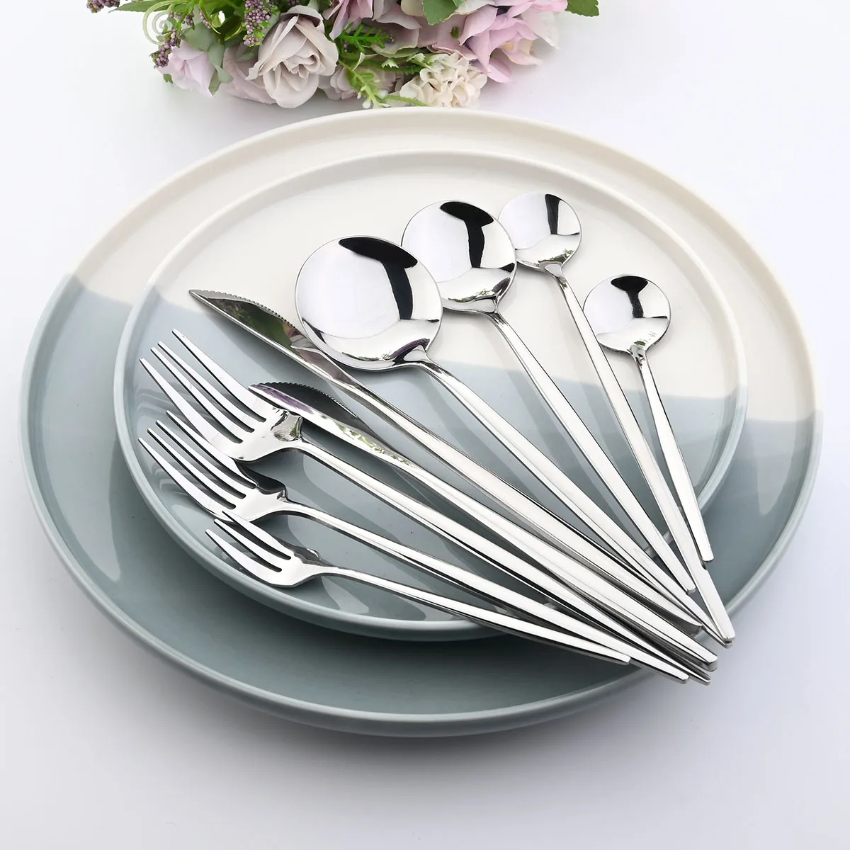 Mirror Silver Cutlery Set Kitchen Dinnerware Set Restaurant Flatware Western Tableware Steak Knife Fork Spoon Dessert Silverware