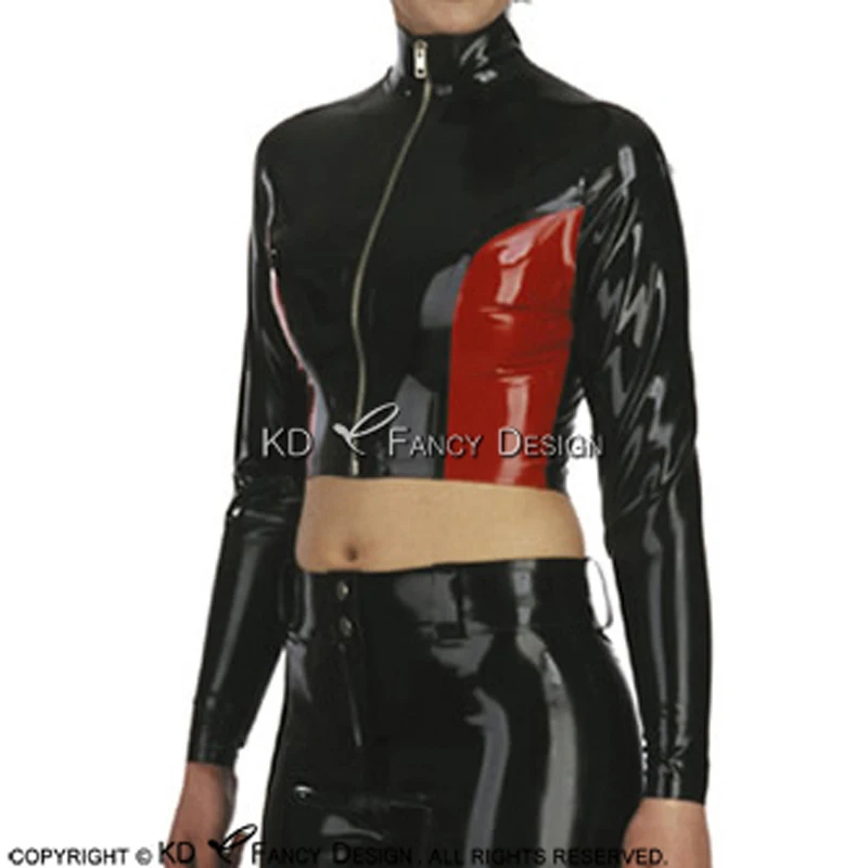 Black And Red Sexy Short Latex Jacket With Zippers Trims At Two Sides Rubber Coat Top YF-0176