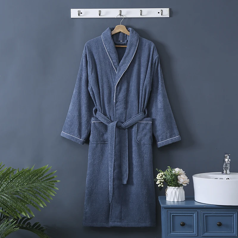 Kimono Robe Men 100% Cotton Housecoat Brand Pajamas Quality Long Sleeve Fall Bath Robe Luxury Bathrobe Men Cotton Classy White