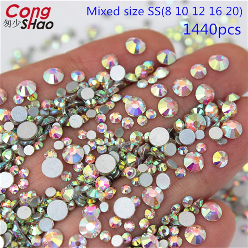 Cong Shao Mixed Size SS(8 10 12 16 20) AB Stone Glass Gem Clear AB 3D Nail Rhinestones,1440Pcs Flat Back Non Hotfix Crystal 8Y66