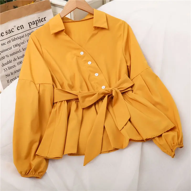 Korean V-neck New Ruffle Shirt Women Elegant Lantern Sleeve Blousa Casual Elastic Waist Blouses Fashion Sweet  Lace Up Tops