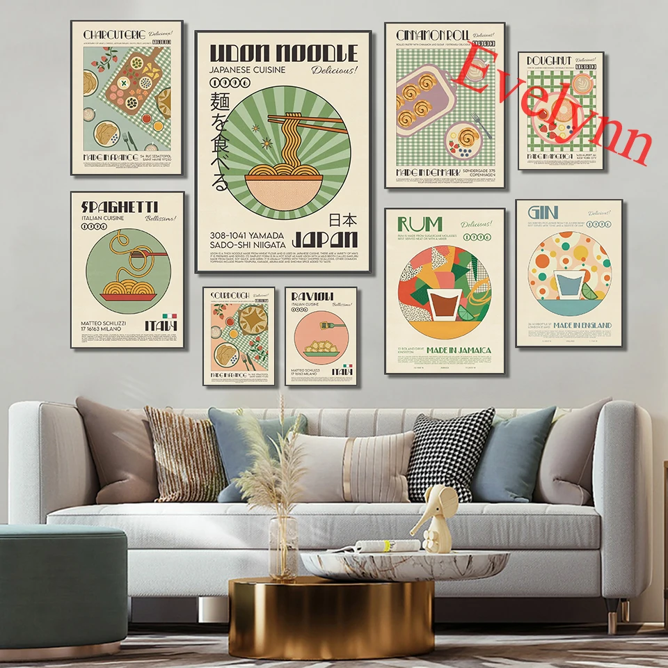 Modern Kitchen Decor Italy Japanese Korean Foods Poster Ravioli Charcuterie Cocktail Cinnamon Roll Spaghetti Wall Art Print Gift