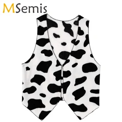 Men's Cow Print Adult Vest Festival Christmas Costume Sleeveless Open Front Flannel Short Waistcoat Vintage Hippie Costume Vest