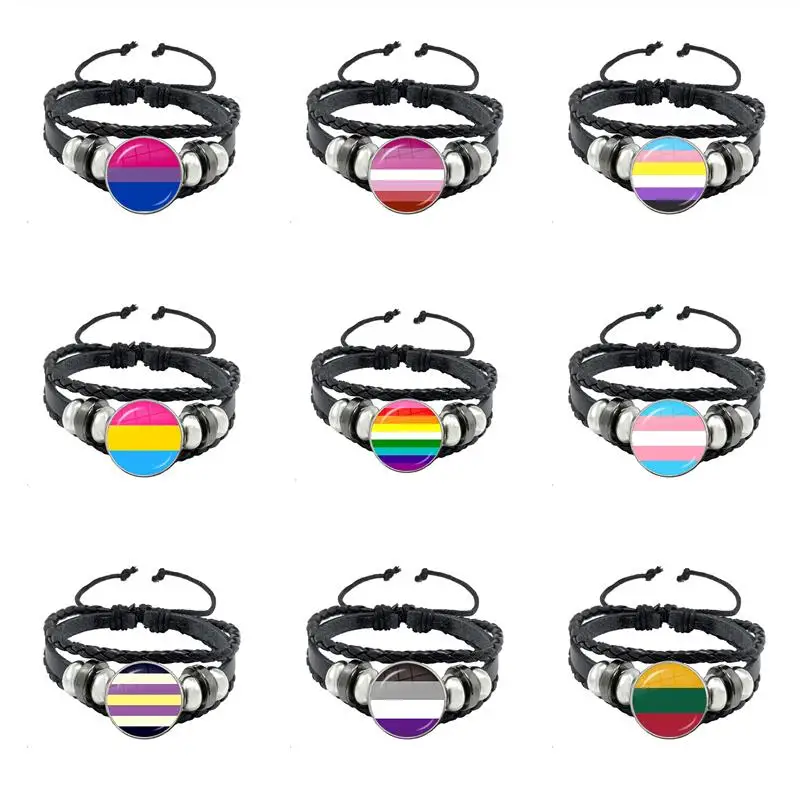 LGBT Leather Bracelet Bi Pride Glass Cabochon Dome Gay Pride Rainbow Flag Photo Bangle Jewelry For Women Men Lovers Gift