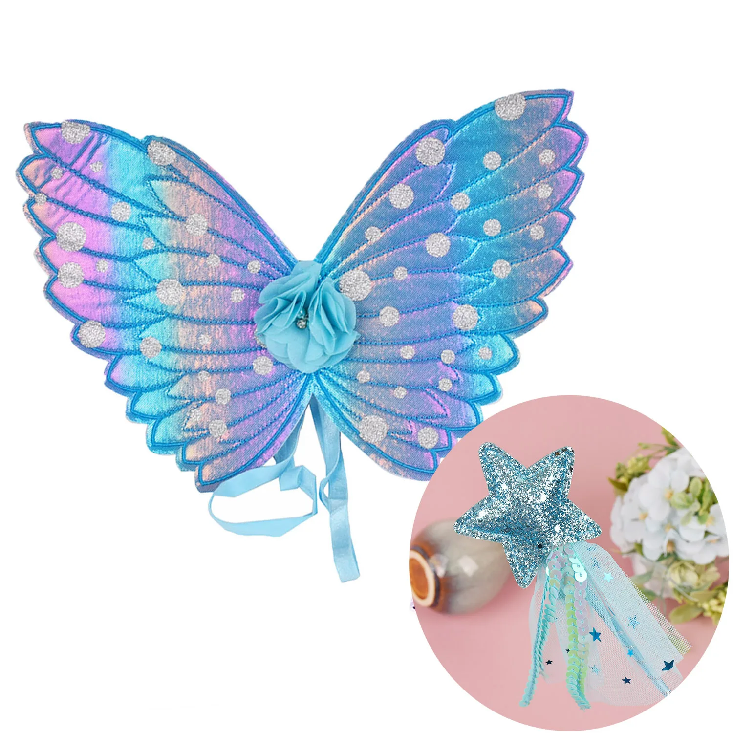 Cute Children Costumes Performance Props Gradient Color Butterfly Princess Angel Wings Fairy Stick Kids Dress Up Playing Toys