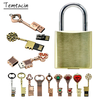 Bronze Heart Key USB Flash Drive 128GB Pen Drive 8G 16GB 32GB 64GB Pendrive Metal Lock CLE USB 256G Memory Stick Storage Device