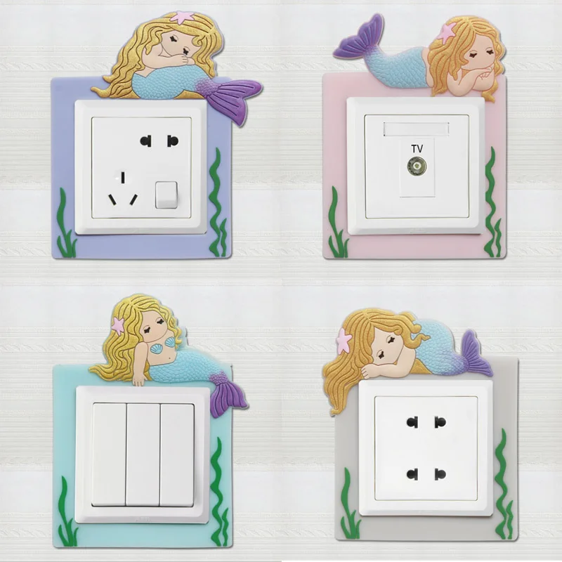 1Pcs Switch Sticker On-off Switch Stickers Fluorescent Removable Home Decor 8.6*8.6cm Washable Mermaid Pattern  Cute Cartoon