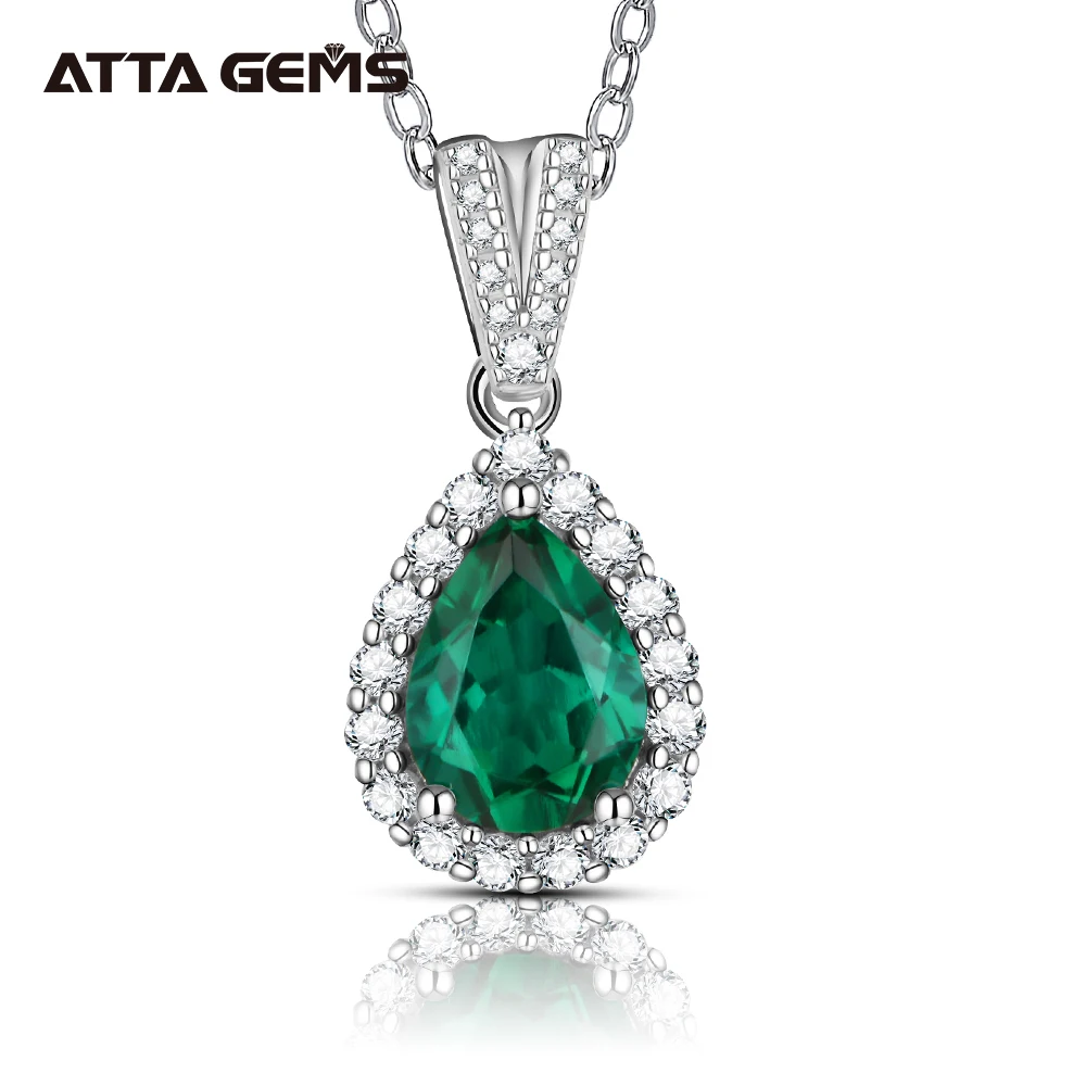 

ATTAGEMS 925 Sterling Silver Emerald Created Moissanite Diamonds Gemstone Pear Cut Pendant Necklace Engagement Fine Jewelry