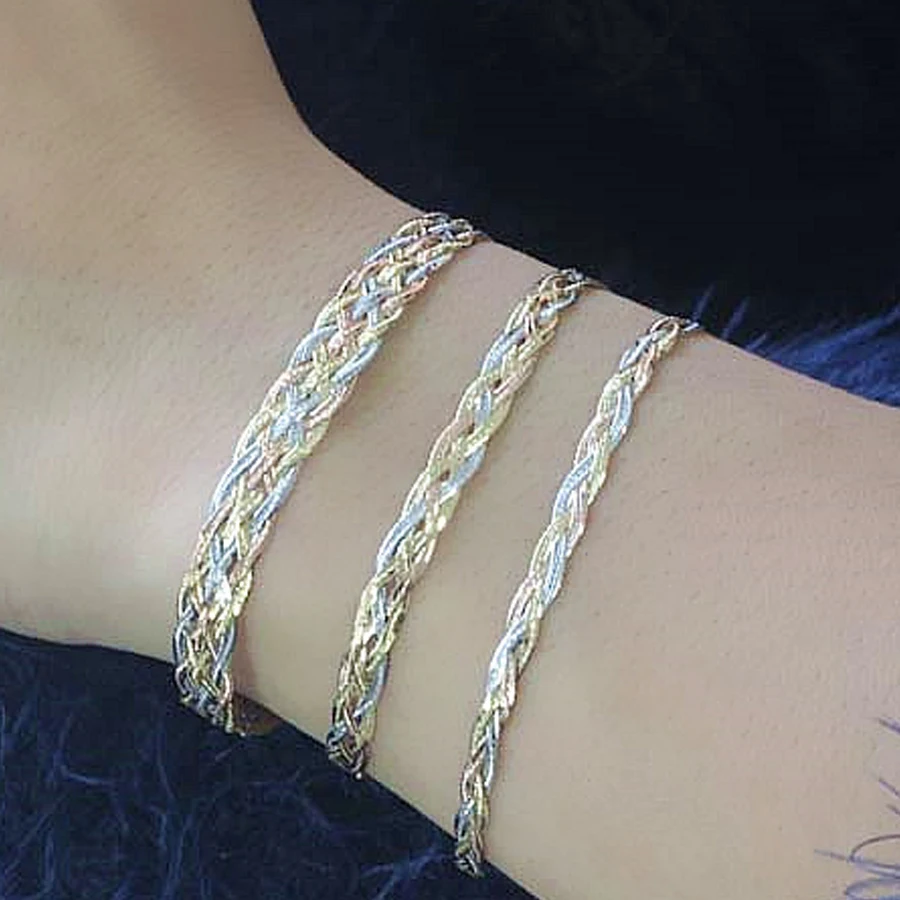 Real 18K Multi-tone Solid Gold Chain For Women Shine Rope Weave Bracelet 7.1''L Gift