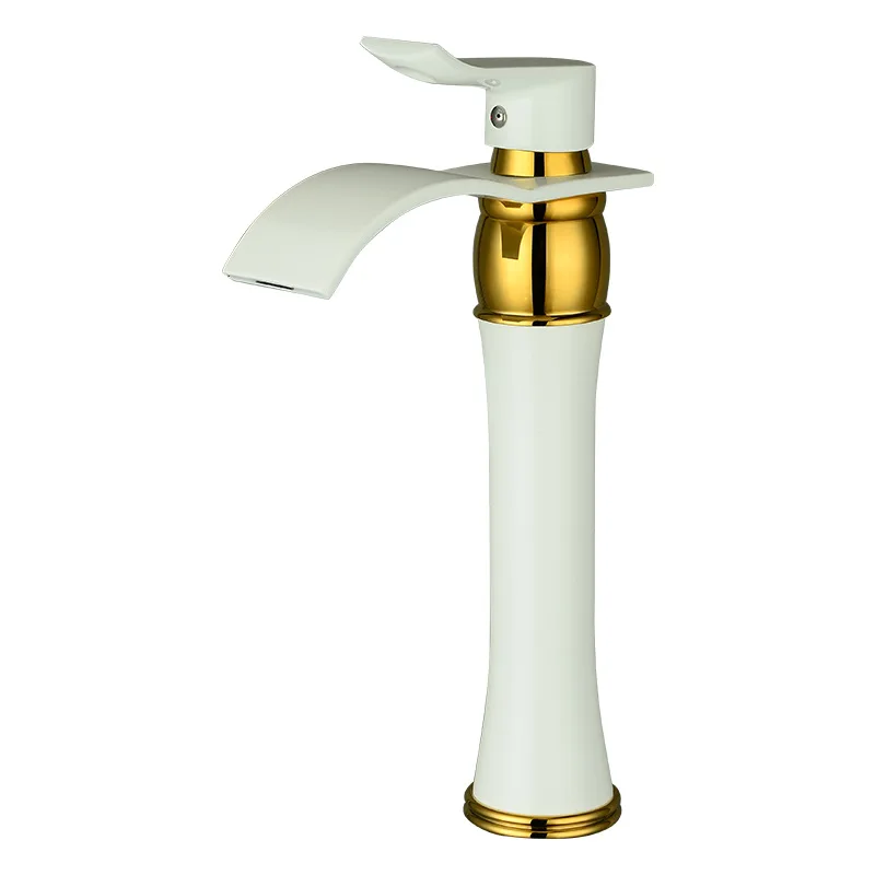 Basin Waterfall Faucet White & Gold Brass Bathroom Sink Faucet Single Handle Hole Deck Vintage Wash Hot and Cold Mixer Tap Crane