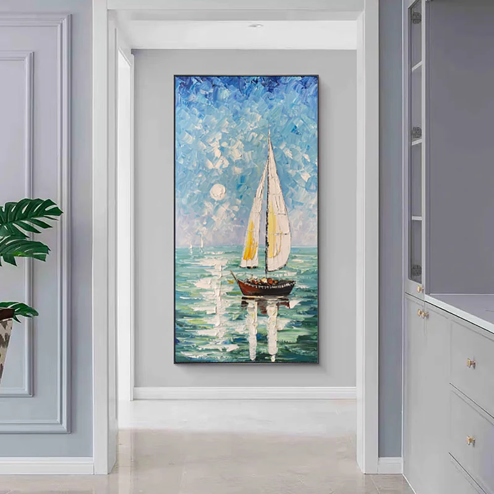 

Large Handpainted Oil Painting On Canvas Modren Abstract Sailboat In The Sea Landscape Wall Art Living Room Home Decor Pictures